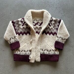 Vintage 60s Cowichan Cardigan Sweater Size Medium Cream Fair Isle Hand Knitted